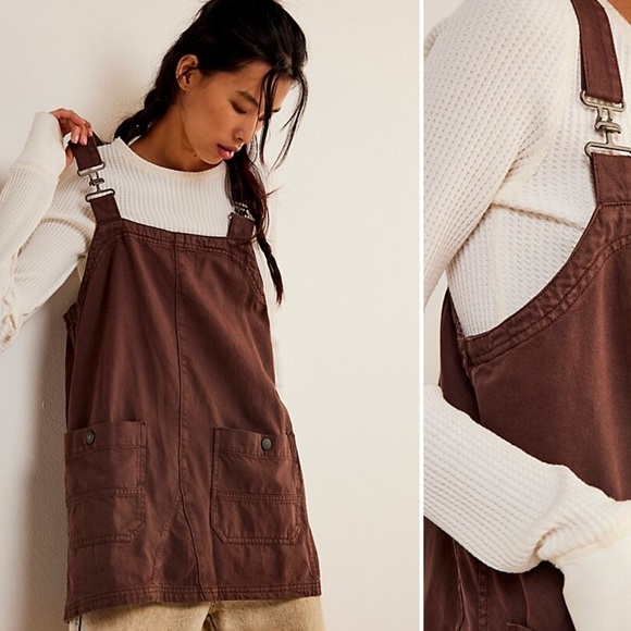 Free People Overall Smocked Mini Dress in Chocolate Brown Size X-Large NWT - Picture 2 of 13